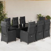 9 pcs conjunto de jantar p/ jardim c/ almofadões vime PE preto