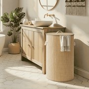 Cesto da roupa suja com tampa 90 L em bambu redondo, cor natural