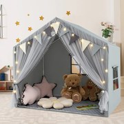 Tenda infantil 146 x 96 x 133 cm com 2 cortinas de tecido e malha, luzes de estrelas, 2 janelas respiráveis e almofada de algodão cinzenta