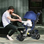 Triciclo para Bebés 2 em 1 de +12 Meses com Capota Dobrável Guiador Telescópico e Removível Bolsa e Porta-garrafas Azul