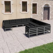 12 pcs conj. lounge de jardim + almofadões pinho maciço cinza