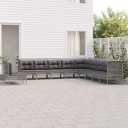 11 pcs conjunto lounge de jardim c/ almofadões vime PE cinzento