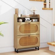 Sapateira com 2 gavetas rebatíveis 80 x 24 x 115 cm com portas de rattan e pés de metal Armário de armazenamento natural