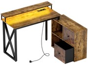 HOMCOM Secretária de Canto com Luzes LED Estação de Carga Gavetas de Tela Controlo Remoto Suporte para Monitor 130x110x91 cm Castanho Rústico