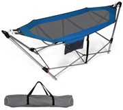 Rede de descanso portátil com suporte dobrável Bolsa de transporte e bolso lateral para varanda, campismo e praia 227 x 83 x 89 cm Carga 150 kg Azul