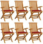 vidaXL Cadeiras de jardim c/ almofadões vermelhos 6 pcs teca maciça