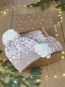 Agora -25%: Conjunto de Natal em jacquard, com gorro + gola snood + luvas, para menina rosado