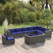 10 pcs conjunto lounge de jardim c/ almofadões vime PE cinzento