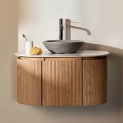 Conjunto De Móvel De Casa De Banho Suspenso 90x50 Cm Em Madeira Carsone Madeira Natural & Sem Unidade Auxiliar & Cimento Cinzento Redondo - Sklum
