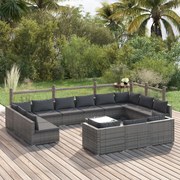 14 pcs conjunto lounge de jardim c/ almofadões vime PE cinzento