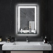 Espelho de parede LED para casa de banho 50 x 70 cm com prateleira integrada, 3 cores, luminosidade ajustável e interruptor tátil prateado