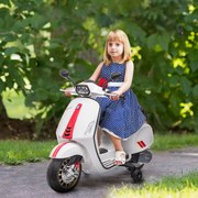 Mota Elétrica para Crianças de 3-6 Anos com Licença Vespa com USB MP3 Luz LED Rádio FM Velocidade 3 km/h Carga 35 kg Branco