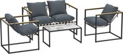 Outsunny Conjunto de móveis de jardim 4 peças, conjunto de exterior, 2 poltronas, sofá de 2 lugares, 1 mesa, estofado, aço, poliéster, Cinza | Aosom Portugal