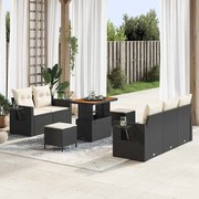 vidaXL Conjunto de Sofá de Jardim com 8 Peças com Almofadas de Rattan Preto e Estrutura de Acácia