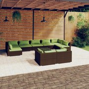 10 pcs conjunto lounge de jardim c/ almofadões vime PE castanho