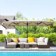 Chapéu de Sol Duplo 4,5x2,65 m com Manivela Manual Resistente a Água e Proteção UV30+ Chapéu de Sol Grande Creme