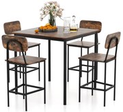 Conjunto de mesa de jantar industrial de 5 peças com mesa de altura de balcão e 4 bancos de bar - marrom escuro