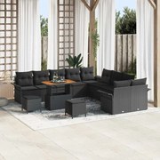 vidaXL Conjunto de Sofá de Jardim com 13 Peças , Almofadas Pretas em Rattan Sintético e Acácia