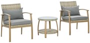 Outsunny Conjunto Cadeiras Mesa Vime Estrutura Alumínio 2 Cadeiras Mesa Vidro Temperado Jardim Terraço Natural e Marróm | Aosom Portugal