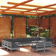 12pcs conjunto lounge de jardim + almofadões pinho maciço cinza