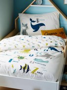 Conjunto capa de edredon + fronha de almofada para criança, tema Abecedário de animais marinhos branco claro liso com motivo