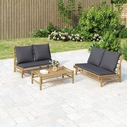 3pcs conj. lounge de jardim bambu c/ almofadões cinzento-escuro