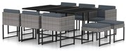 vidaXL 11 pcs conjunto jantar exterior com almofadões vime PE cinzento