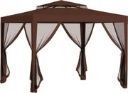 Outsunny Pérgola Jardim 297x297x268 cm Redes Mosquiteiras Laterais Teto Ventilação Orifícios Drenagem Resistente Intempéries Marrom | Aosom Portugal