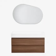 Conjunto De Móvel De Casa De Banho Em Madeira E Chapa De Freixo Com Lavatório Integrado Ona Madeira Escura & Oval Led E Anti-embaciamento - Sklum