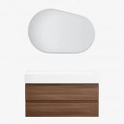 Conjunto De Móvel De Casa De Banho Suspenso Em Madeira E Folha De Freixo Com Lavatório Integrado Ona Madeira Escura & Oval Led - Sklum