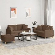 3 pcs conjunto de sofás com almofadas tecido castanho