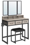 Penteadeira VASAGLE RVT004B02 com banqueta acolchoada, espelho triplo, 3 gavetas, suporte para secador de cabelo, vaso, estilo industrial, cinza e preto