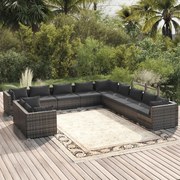 11 pcs conjunto lounge de jardim c/ almofadões vime PE cinzento