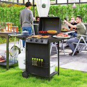 Grelhador a Gás com 3+1 Queimadores 9,5 kW Termómetro Grelha Recolhedor de Gordura e 2 Rodas 108x54x97 cm Preto