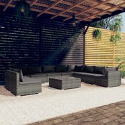 11 pcs conjunto lounge de jardim c/ almofadões vime PE cinzento