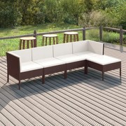 5 pcs conjunto lounge jardim c/ almofadões vime PE castanho