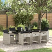vidaXL Conjunto de Jantar de Jardim com 9 Peças e Almofadas Cinza Claro Vime Poliéster