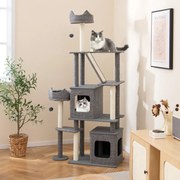 Arranhador para gatos 180 cm com postes para arranhar e tábua de sisal e escada 2 cavernas cinzento