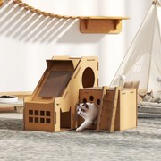 Arranhador para Gatos em Forma de Castelo 2 em 1 com 2 Áreas para Arranhar Catnip Rampa e Escada  67x66x57 cm Castanho