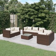 8 pcs conjunto lounge jardim c/ almofadões vime PE castanho