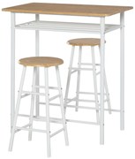 HOMCOM Conjunto de Móvel Bar com Mesa Alta e 2 Bancos com Prateleira de Armazenamento e Estrutura de Metal 80x50x90cm Branco e Madeira