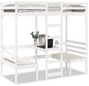 vidaXL Cama alta c/ secretária/cadeiras 80x200 cm pinho maciço branco