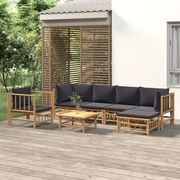 vidaXL 7pcs conj. lounge de jardim bambu c/ almofadões cinzento-escuro