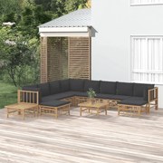 12pcs conj. lounge de jardim bambu c/ almofadões cinza-escuro