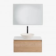 Conjunto De Móvel De Casa De Banho Em Madeira De Freixo Tedrik Castanho Fresno & Cimento Redondo Branco Ø40 Cm Zavion & Led - Sklum