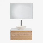 Conjunto De Móvel De Casa De Banho Suspenso Em Madeira De Freixo Tedrik Castanho Fresno & Cimento Redondo Branco Ø40 Cm Zavion & Led - Sklum