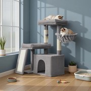 Arranhador para gatos com caverna 92,5 x 58,9 x 85,8 cm, árvore para gatos com rampa e cesto, 2 plataformas grandes cinzento claro