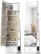 HOMCOM Espelho de Pé Giratório 360° com Espelho com Interior Iluminado Organizador de Jóias com Prateleiras e Gavetas 56x56x164 cm Branco | Aosom Portugal