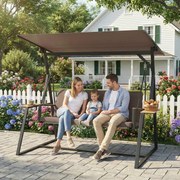 Baloiço de Jardim de 3 Lugares com Teto Ajustável UPF50+ 2 Bandejas Almofadas e Estrutura em Metal 222x131x175 cm Castanho