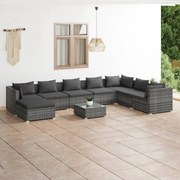 9 pcs conjunto lounge de jardim c/ almofadões vime PE cinzento